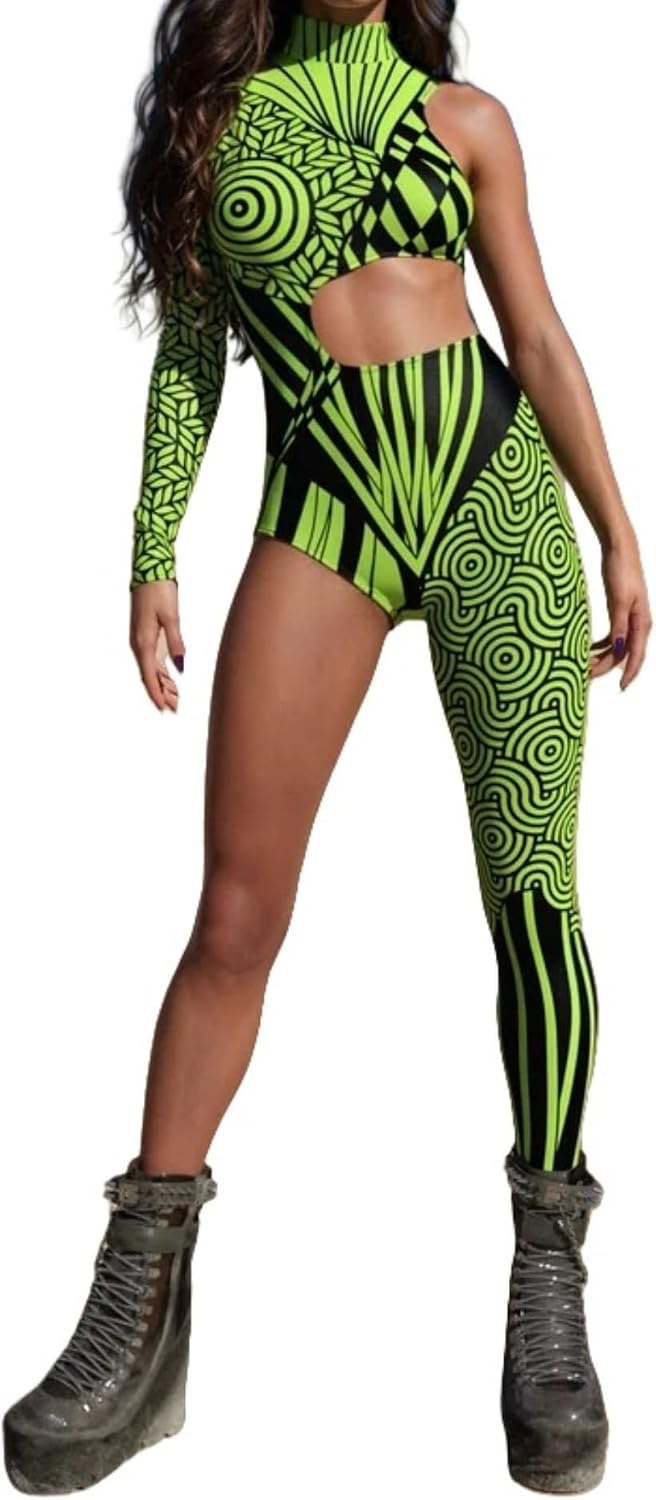 Women Cosplay Halloween Single Sleeve Pants Bodysuit Exposed Belly Party Skinny Catsuit Costume Outfit