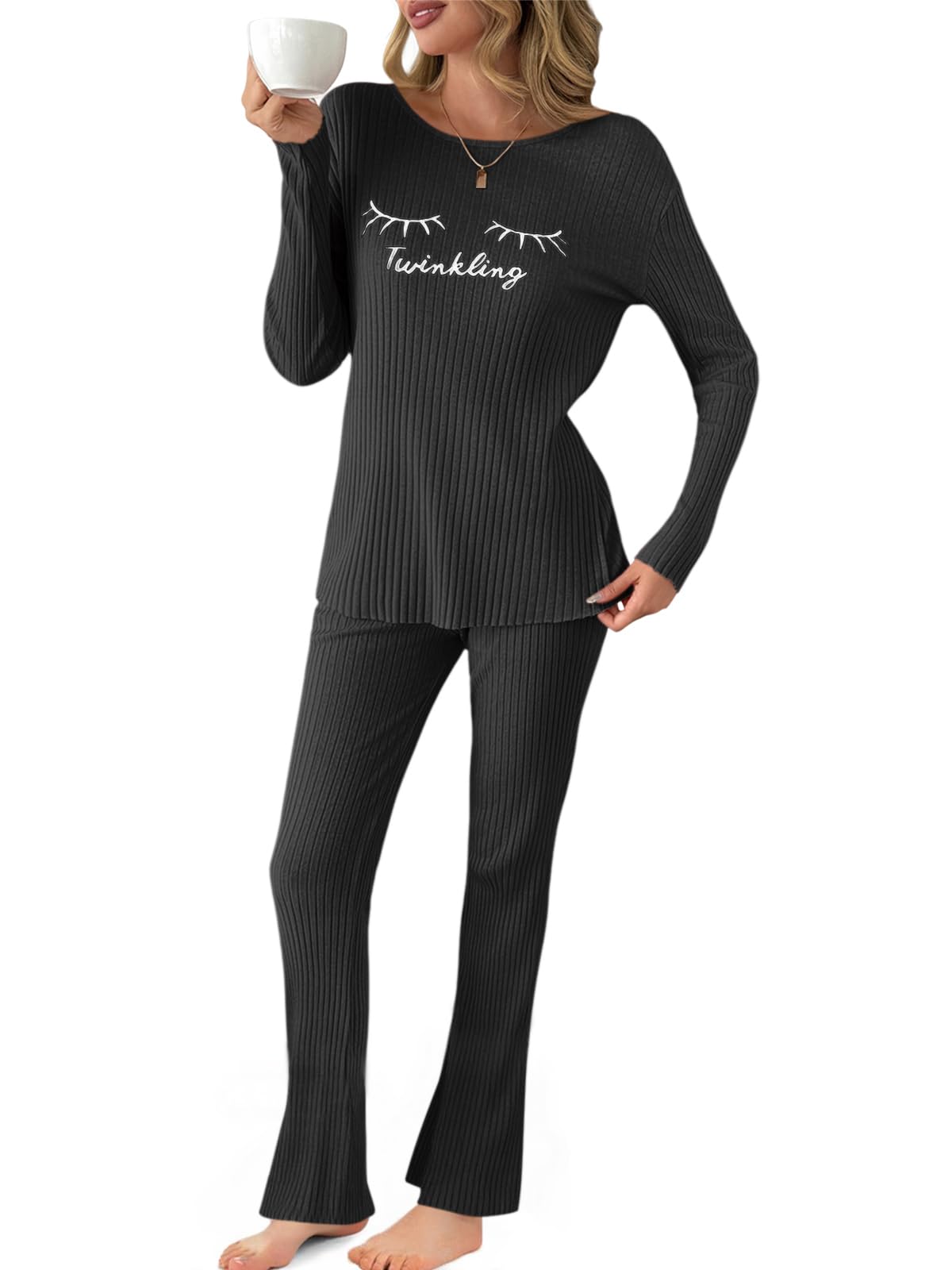 Fisoew Damen Schlafanzug Lang Pyjama Set Gerippt Gestrickte Wimperndruck Oberteil Hosen Zweiteiler Winter Lounge Nachtwäsche(Schwarz, XL)