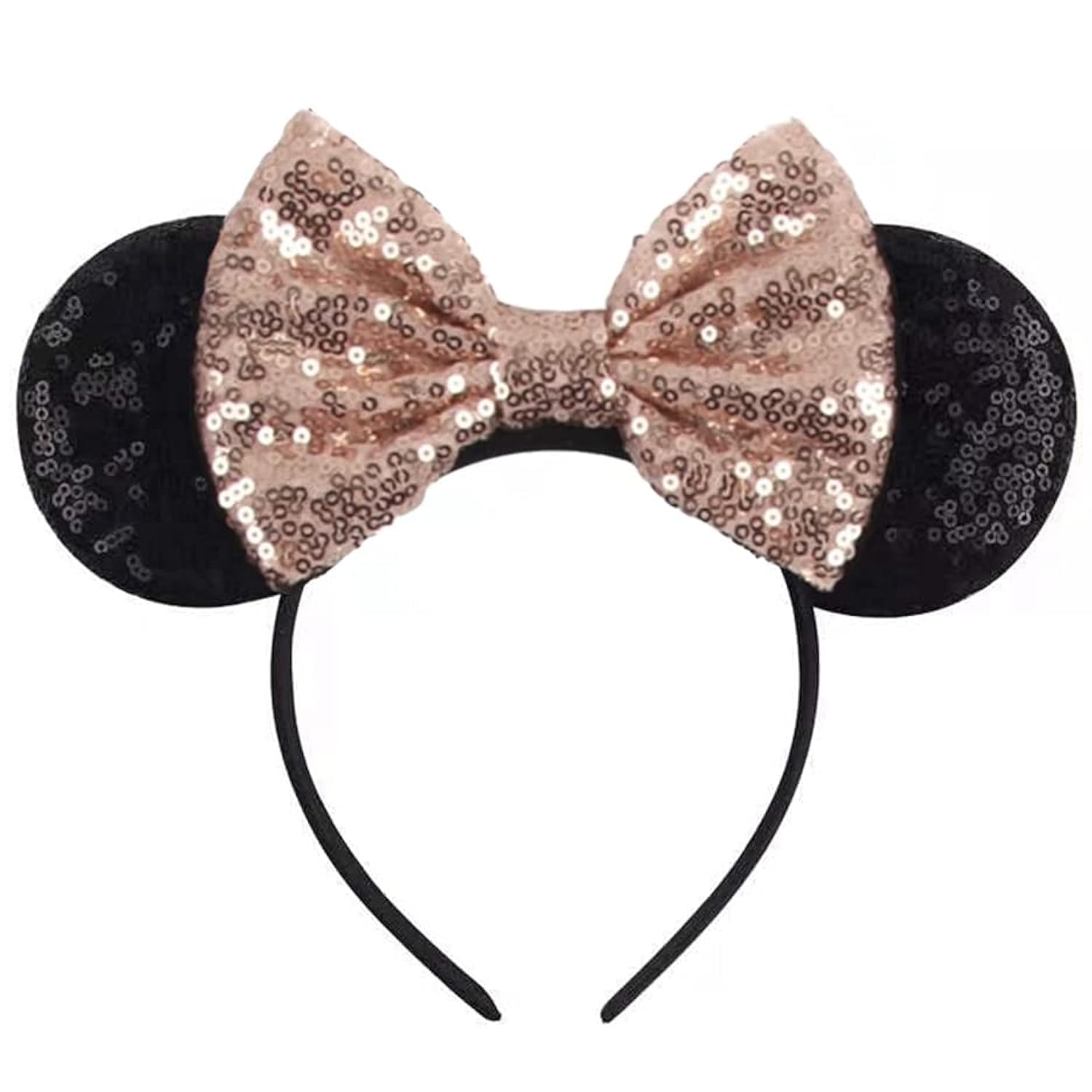 Seamoy Sequin Rose Gold Minnie Headband with Mouse Ears and Bow, Sparkle Park Princess Ears for Women Girls (Gold Bow and Black)