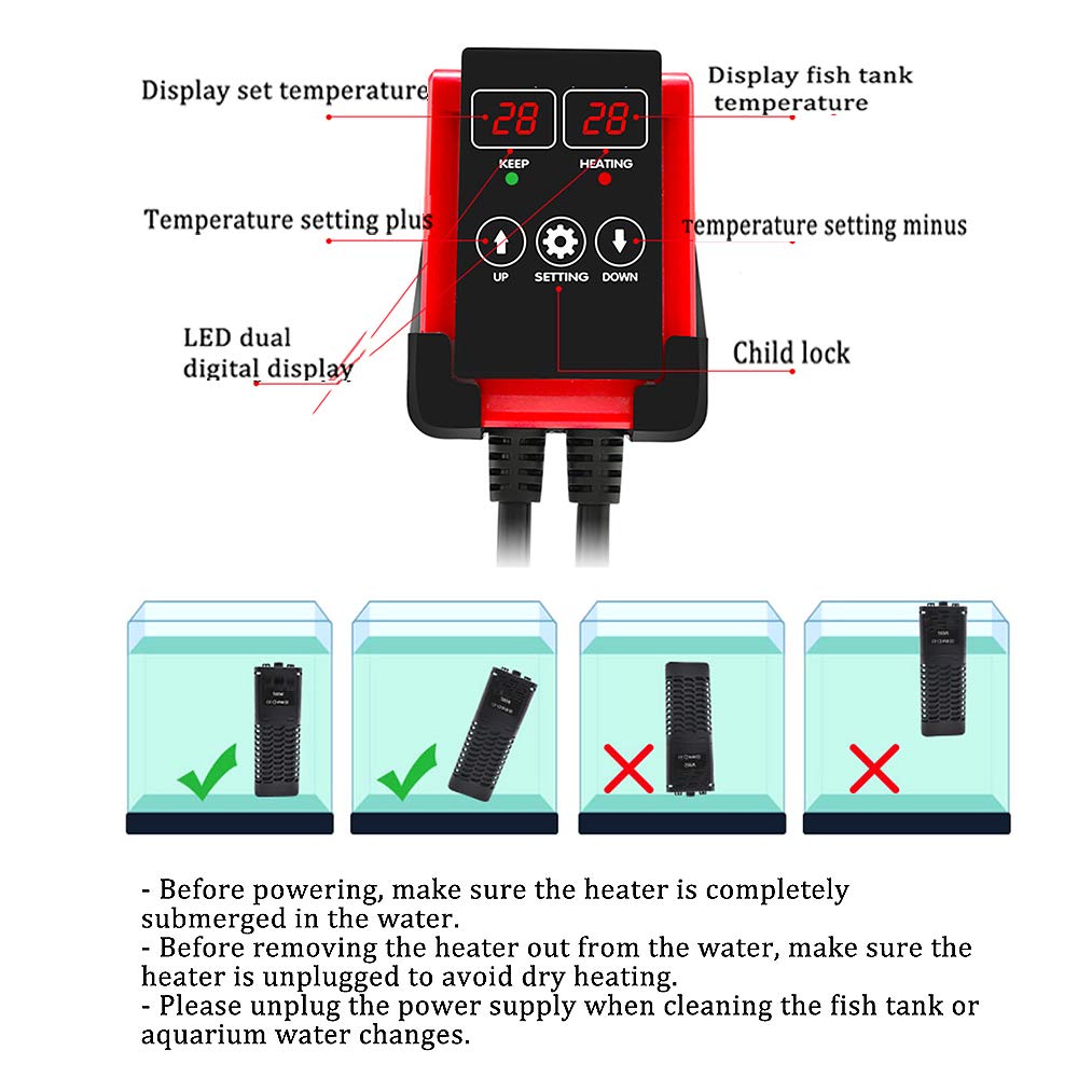 Riscaldatore per Acquario, riscaldatori per acquari con regolatore di Temperatura Esterno, Protezione da sovratemperatura, Temperatura costante Automatica, PTC antideflagrante, 50 W - 1200 W