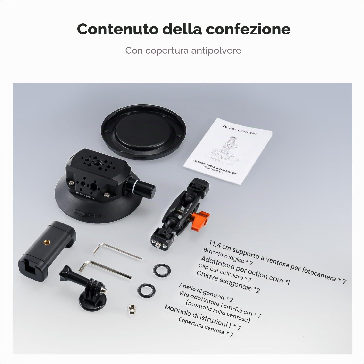 K&F CONCEPT Ventosa 4,5" con Braccio Magico Doppia Sfera - MS45 | Supporto fotocamera auto con supporto telefono e adattatore GoPro, attacchi 1/4" e 3/8" per parabrezza e superfici lisce