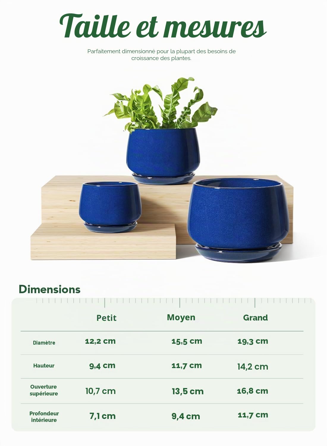 LE TAUCI Pot de Fleurs en Céramique, 11+13+17 cm, Lot de 3, Pot avec Trou de Drainage et Soucoupe, Pot d’Intérieur avec Tapis en Maille, Cadeau pour la Fête des Mères, Bleu Saphir