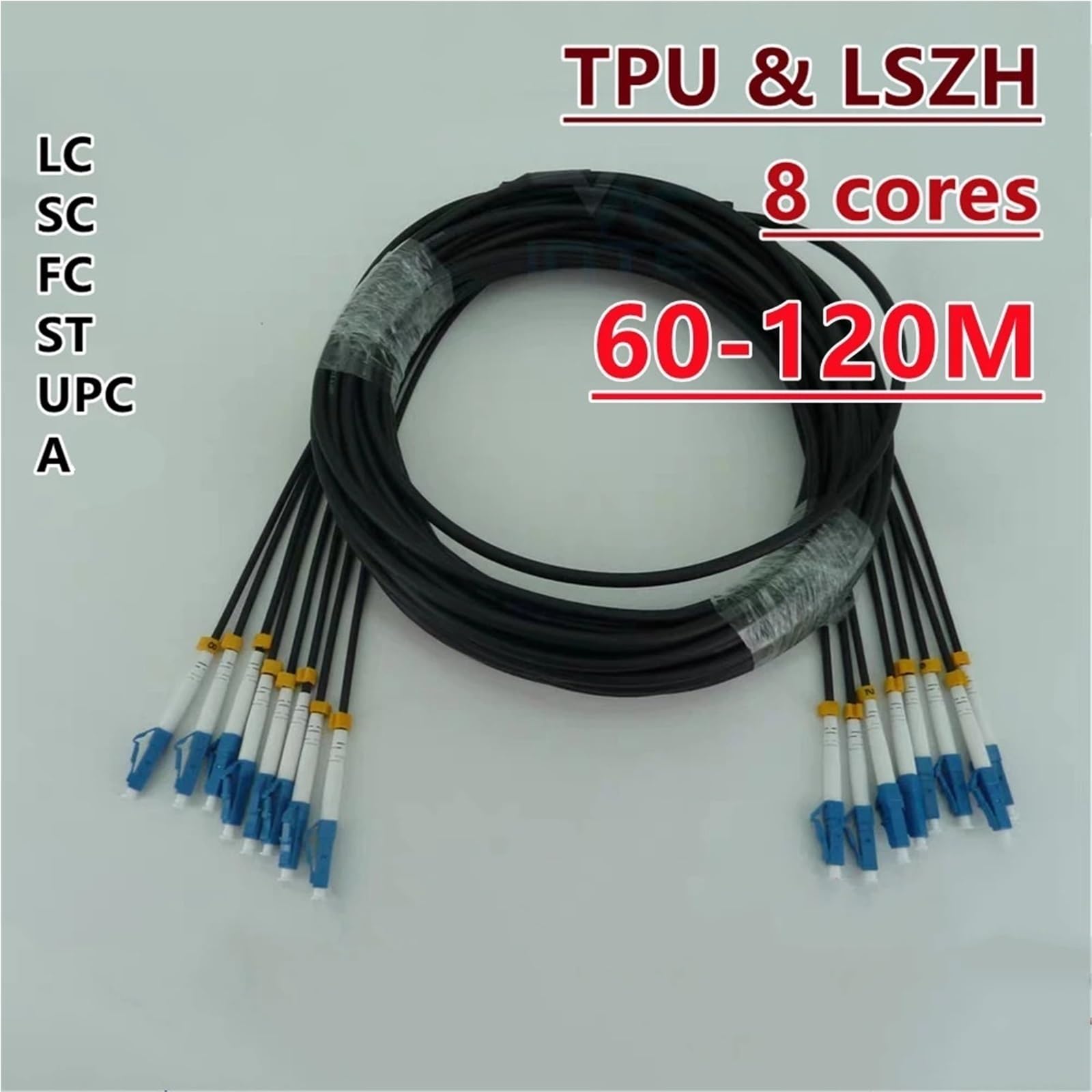 8-rdzeniowy patchcord z włókna pancernego TPU 60 m - 120 m LSZH SM czarny 8C SC LC FC ST A jednomodowy 8 światłowodowy kabel rozruchowy 100 m 80 m (60 m LSZH SC-SC)