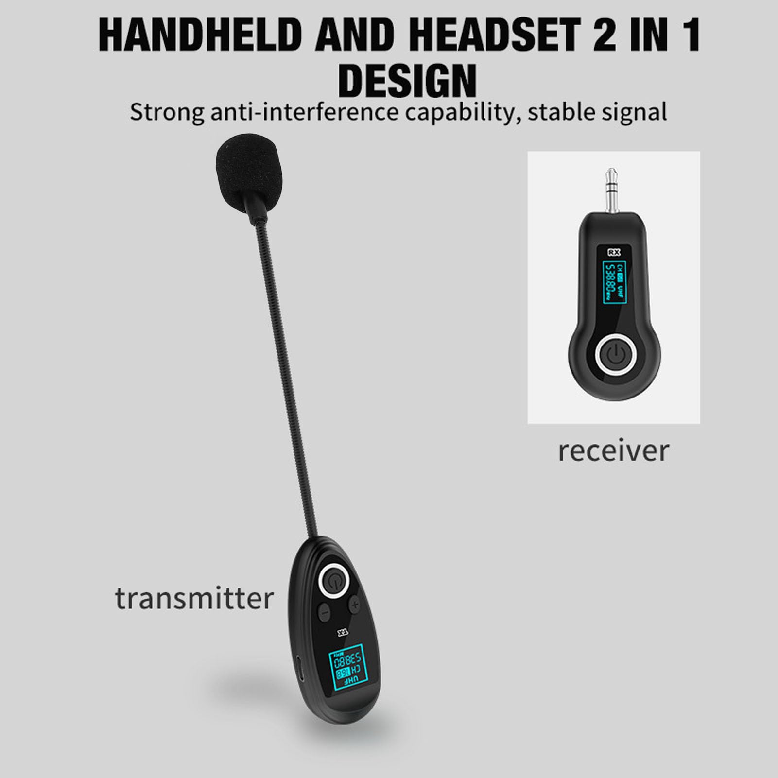 Annadue Microfono Ad Archetto Wireless 2.4G UHF, Microfono Lavalier Wireless con Connettore da 3,5 Mm e 6,35 Mm per Insegnamento, Fitness, Guida Turistica, Amplificatore vocale. (1 per 2)