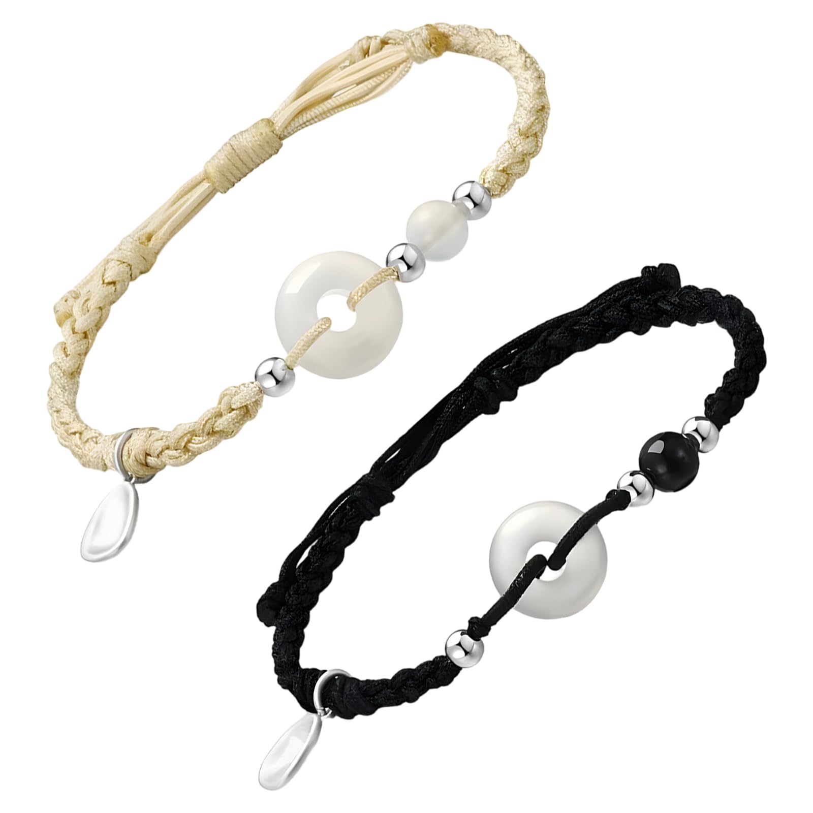 2 Stk. Sterling Silber Armband Set, Partnerarmbänder, verstellbares Band, Sicherheitsverschluss, geflochtenes Seil in Beige und Schwarz, Geschenk zum Jahrestag, Valentinstag für die Freundin