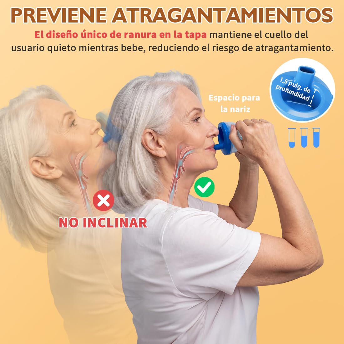 Vaso Antiahogo para Disfagia, Taza Antiderrame para Adultos y Ancianos, Vaso Adaptado con Control de Flujo 5-15 ml, para Parkinson, Demencia y Personas con Movili (Azul)