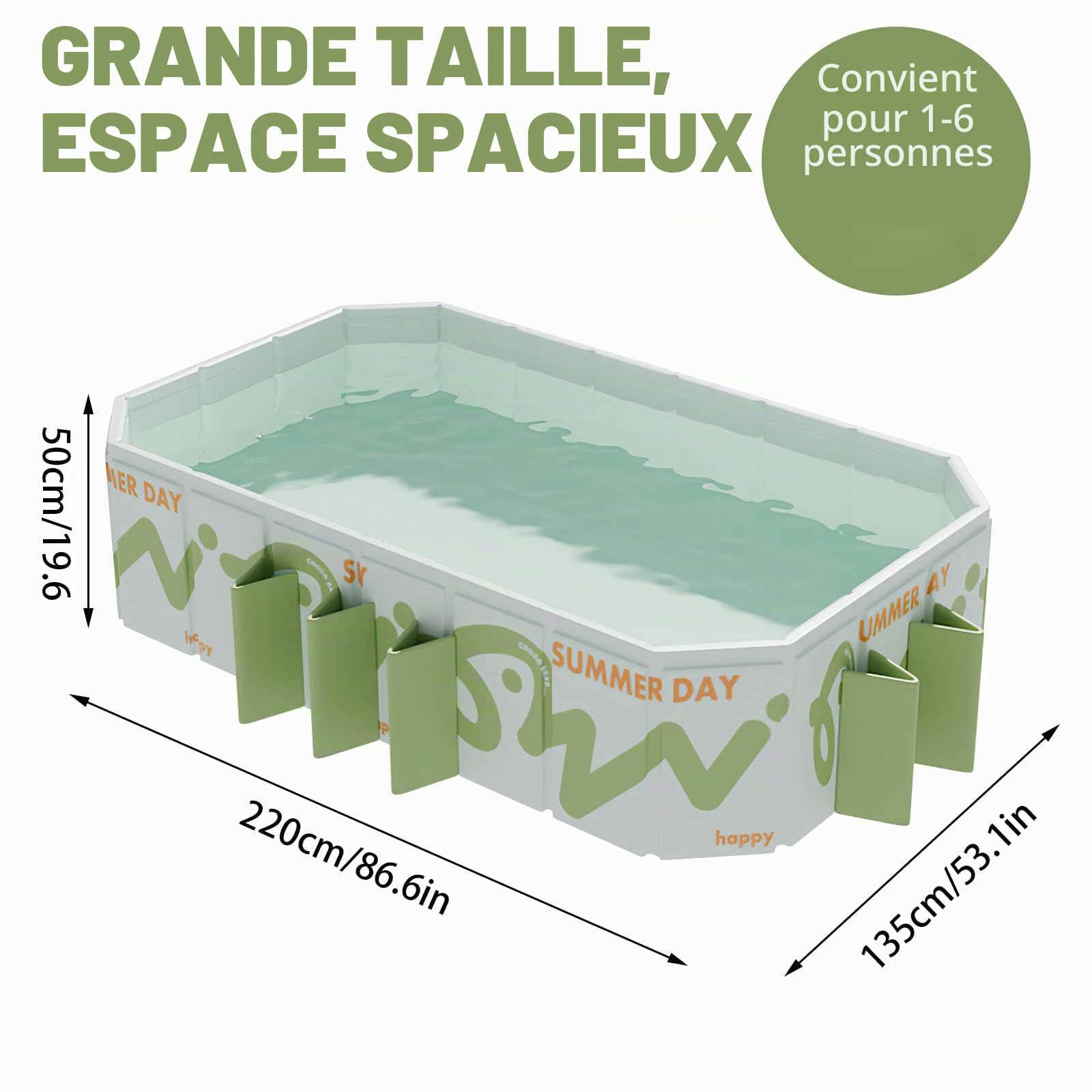 Piscine Pliable 220x135x50 cm - Piscine Hors Sol pour Enfants et Adultes, Grande Piscine Portable avec Double Vidange, Facile à Nettoyer et Gain de Place, Idéale pour Jardin, Terrasse, Plage et Fêtes