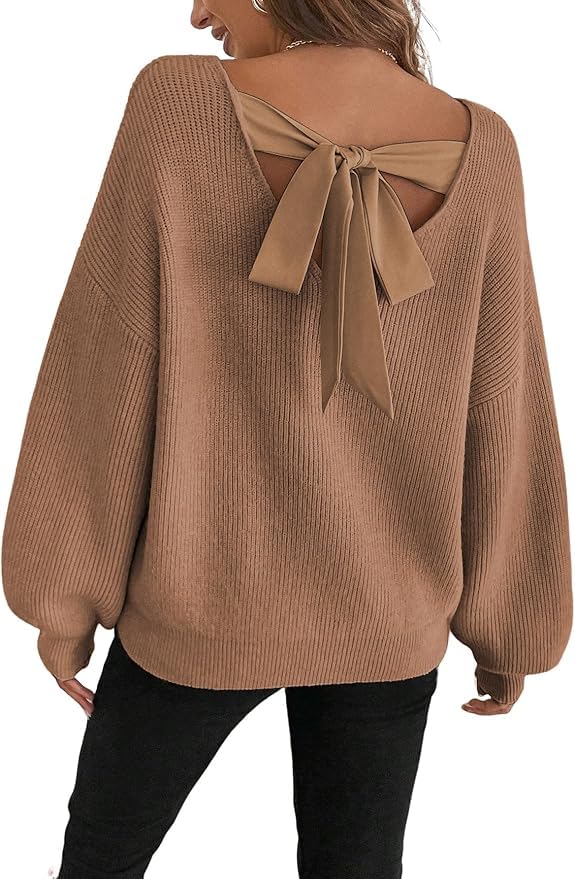 Womens Off The Shoulder Pullover Bow Tie Crew Neck Long Sleeve Sweater Cute Trendy Cozy Sweaters