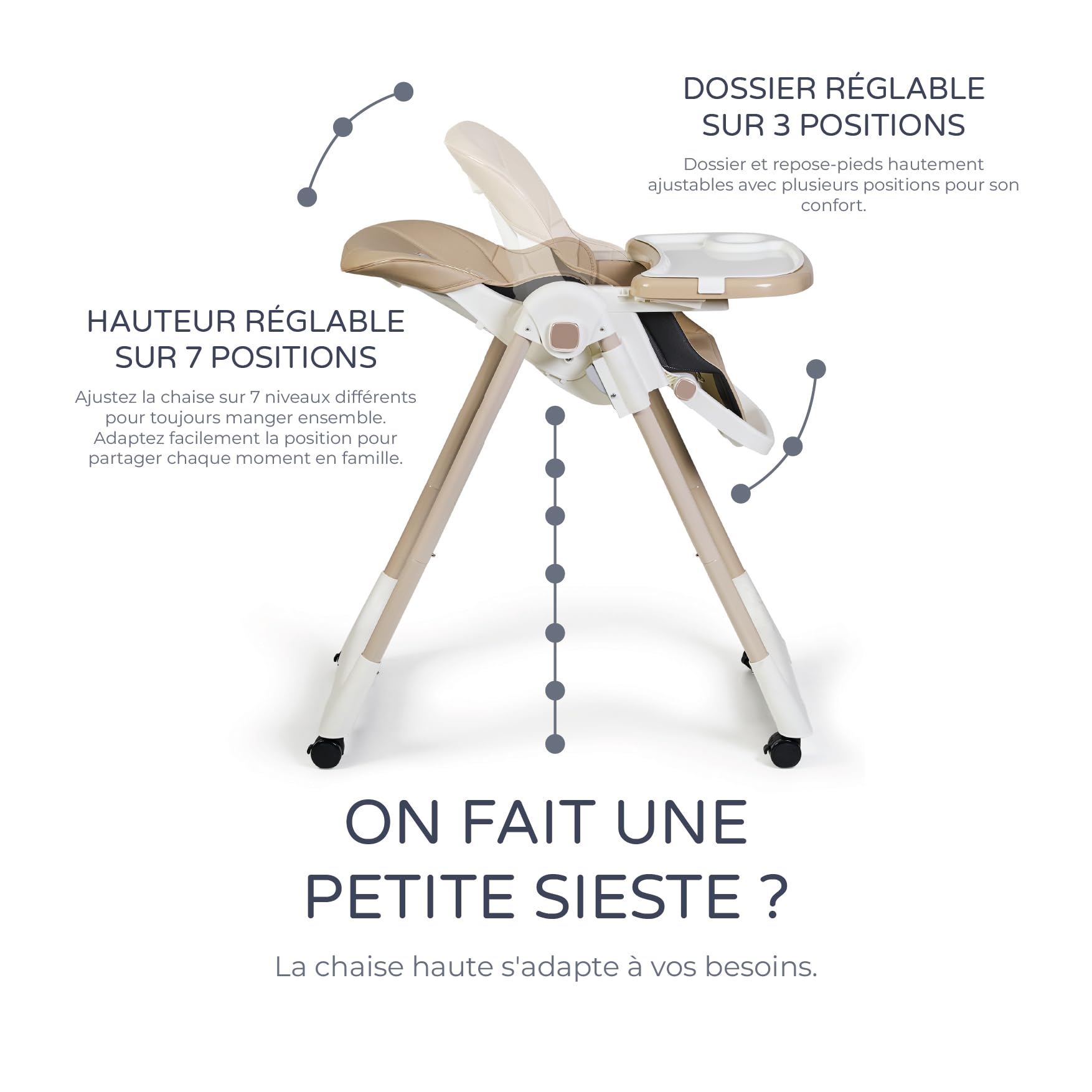 Ms BabyWorld - Chaise haute évolutive pour bébé Tasty | 7 positions de hauteur et 3 inclinaisons | Plateau amovible et repose-pieds réglable | Portable, pliable, jusqu’à 3 ans (Beige)