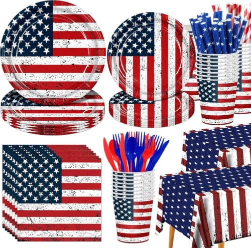 194Pcs Vintage Patriotic Party Supplies Set- American Flag Dinnerware - 9'+7' Plates, Cutlery, Napkins, Cups & 2 USA Flag Tablecloths-Patriotic Decoration for 4th of July, Birthday, Memorial Day BBQs