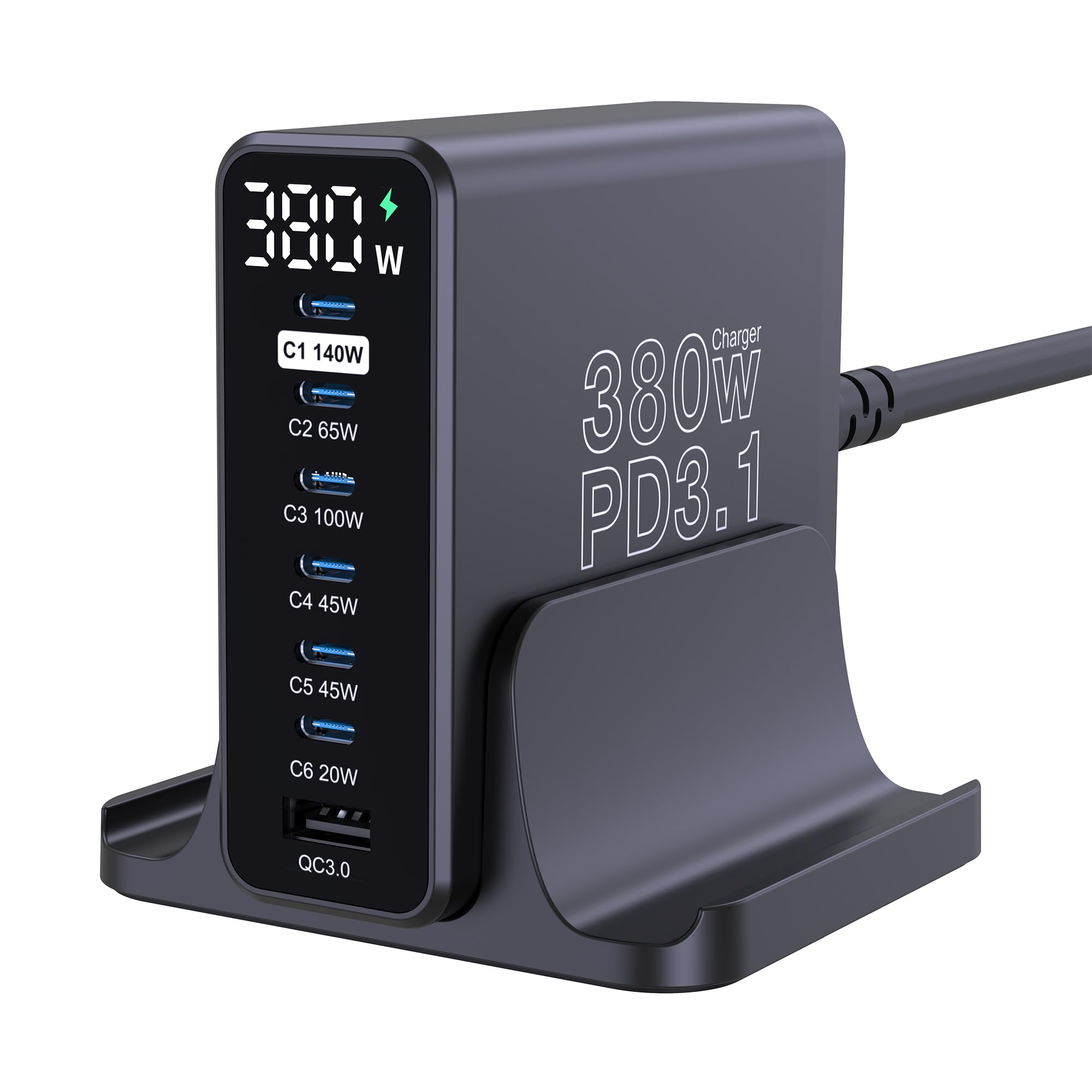 URVNS 380W USB C Charger, GaN III 7 Ports PD3.1 140W PPS 45W QC60W Fast Charging Station with LED Display for MacBook Laptop, iPhone 16/15/14 Pro Max, iPad, Galaxy S23/S24, Steam Deck and More