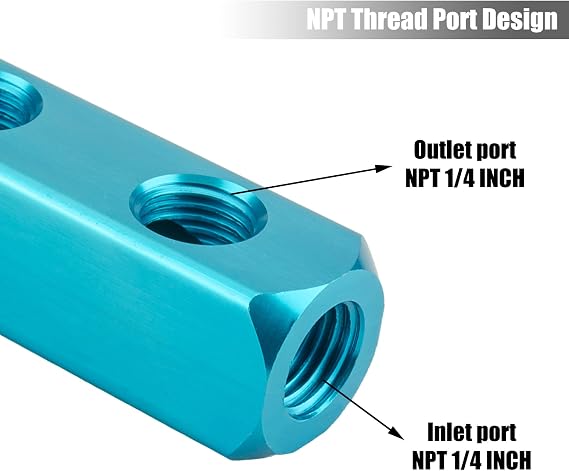Air Manifold, 2 Way 5 Port Air Compressor Manifold, Aluminum Air Hose Inline Manifold Block Splitter, Pneumatic Manifold Air Distribution Block, NPT 1/4 Inch Supply Port, NPT 1/4 Inch Output Port