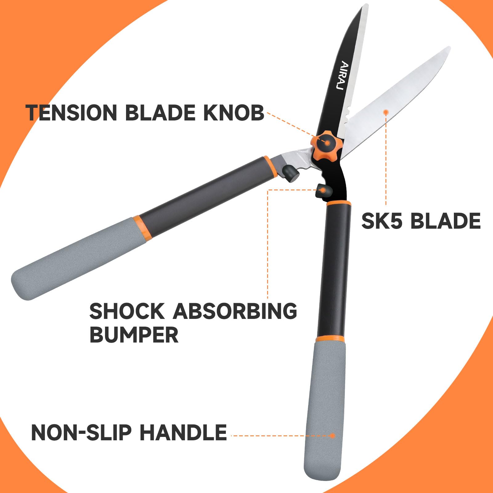 AIRAJ Cesoie per siepi da 58 cm, lame affilate in acciaio al carbono e impugnatura ergonomica confortevole. Cesoie per siepi leggere, adatte per potare siepi, arbusti e piante cespugliose.
