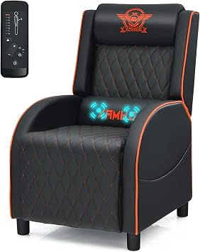Massage Gaming Recliner Chair, PU Ergonomic Single Sofa w/Headrest, Lumbar Support, Racing Style Reclining Home Theater Seating for Living Bedroom Gaming Room Orange