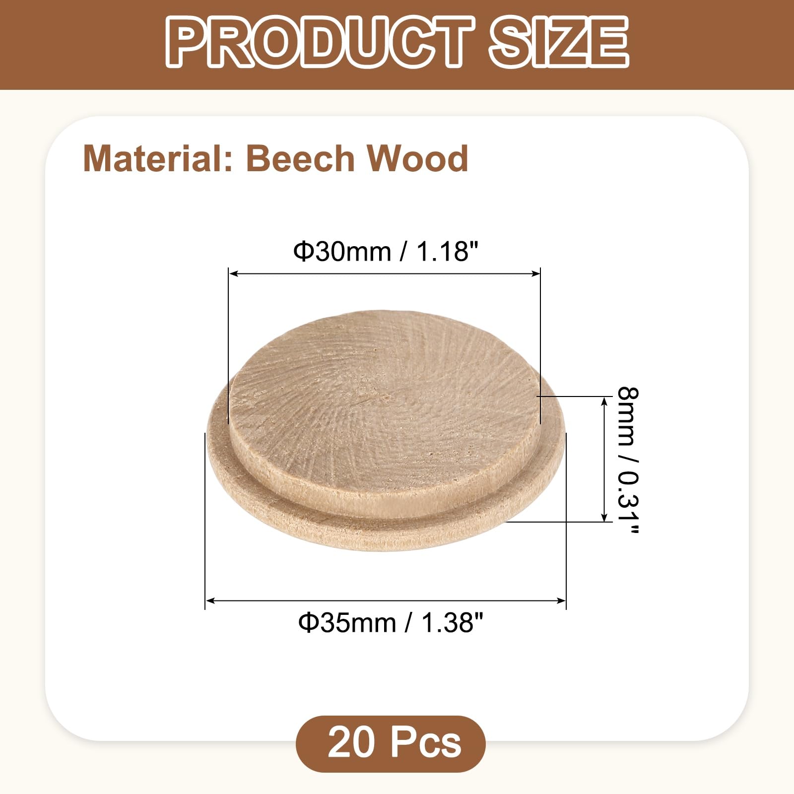 uxcell 20Pcs Wood Button Plugs, 30mm / 1.18