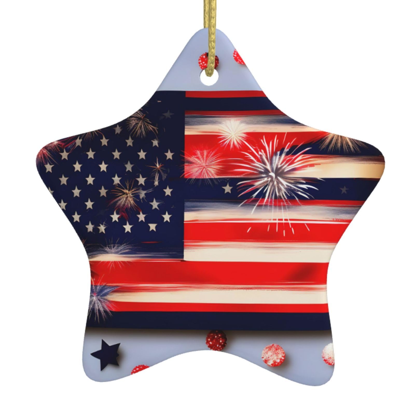 Nbtghga White Firework American Flag 4Th Of Julys Print Christmas Ornaments, Ceramic Hanging Ornament, Round Shape Decorations