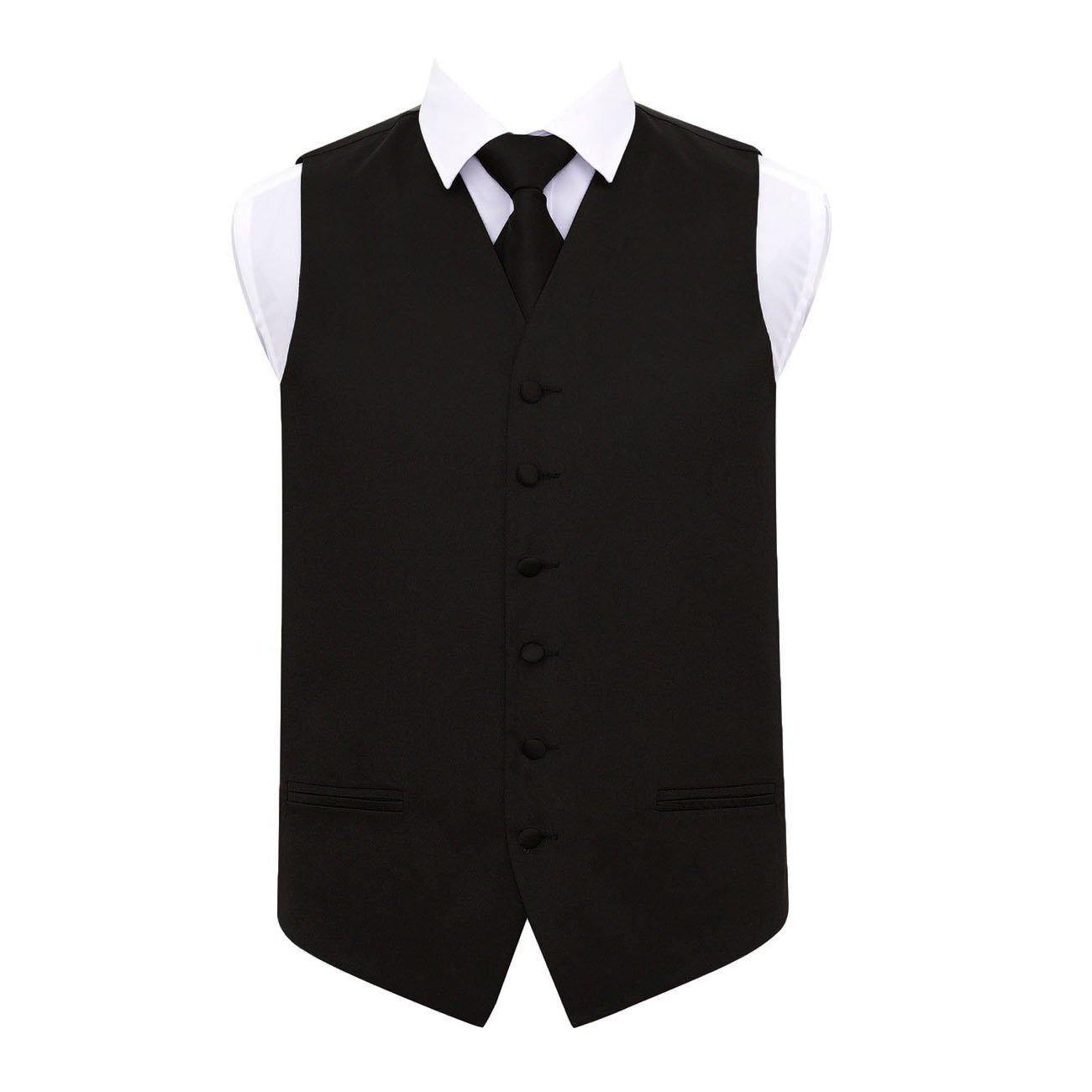 Dqt Men's Black Plain Satin Waistcoat & Tie Set (2Pc) - Wedding, Business & Formal - 44" (2Xl)