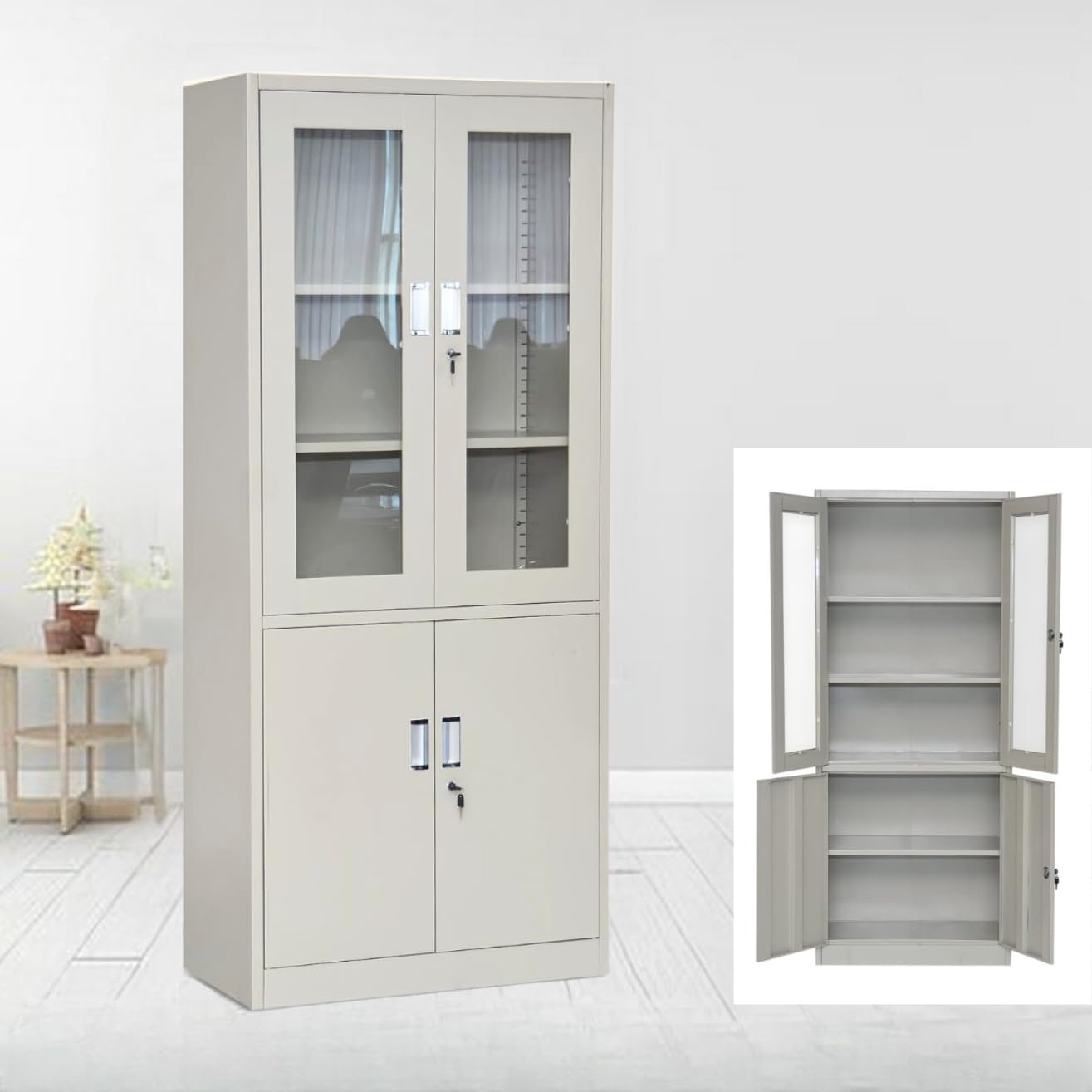 Storage Cabinet with Upper Glass Two Doors and Lockable Two Lower Steel Doors, Featuring Interior Steel Racks and Shelves for Living Room, Kitchen, Office, School, or Study Grey
