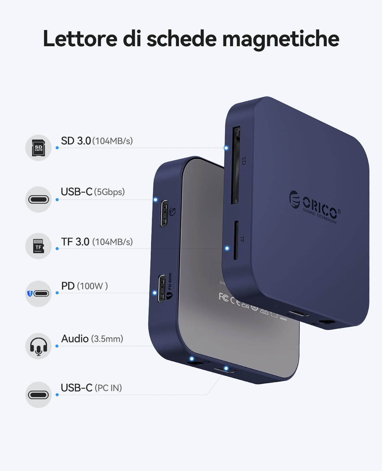 ORICO Lettore di schede SD magnetico con ricarica PD 100W, SD/TF 3.0, velocità di trasferimento dati 104 MB/s, Card Reader Compatibile con iPhone 17/16/15, iPad Pro e MacBook (Blu, 6 IN 1)