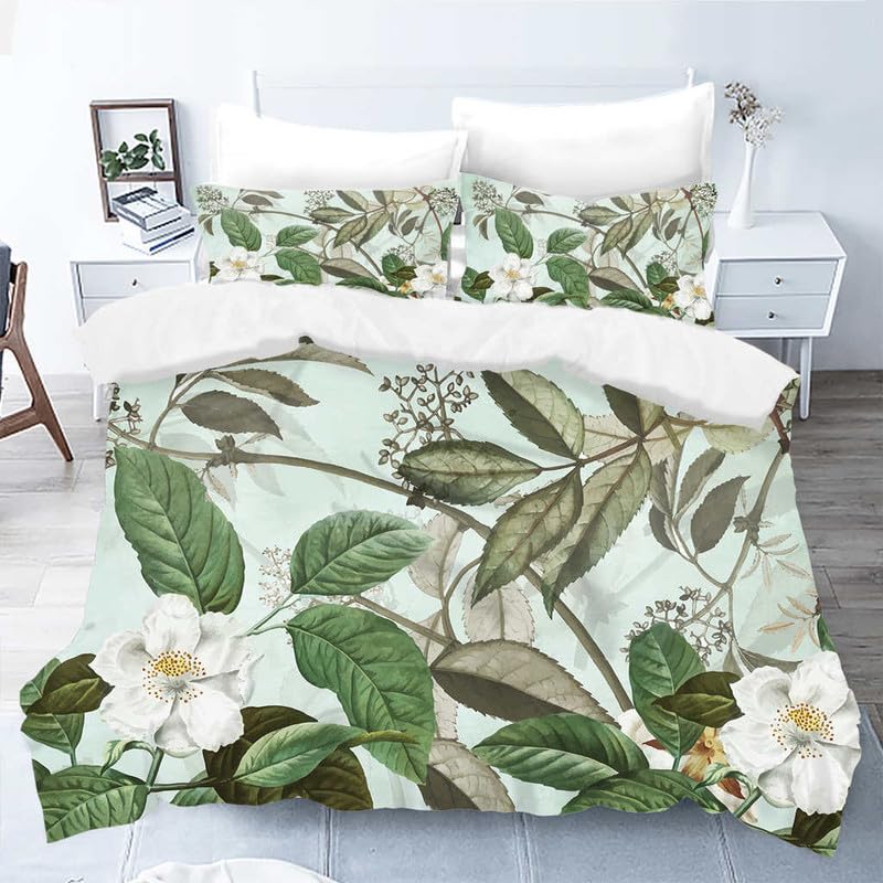 Parure de lit 140x200 feuilles vert clair avec housse de couette 110g/m² et taies