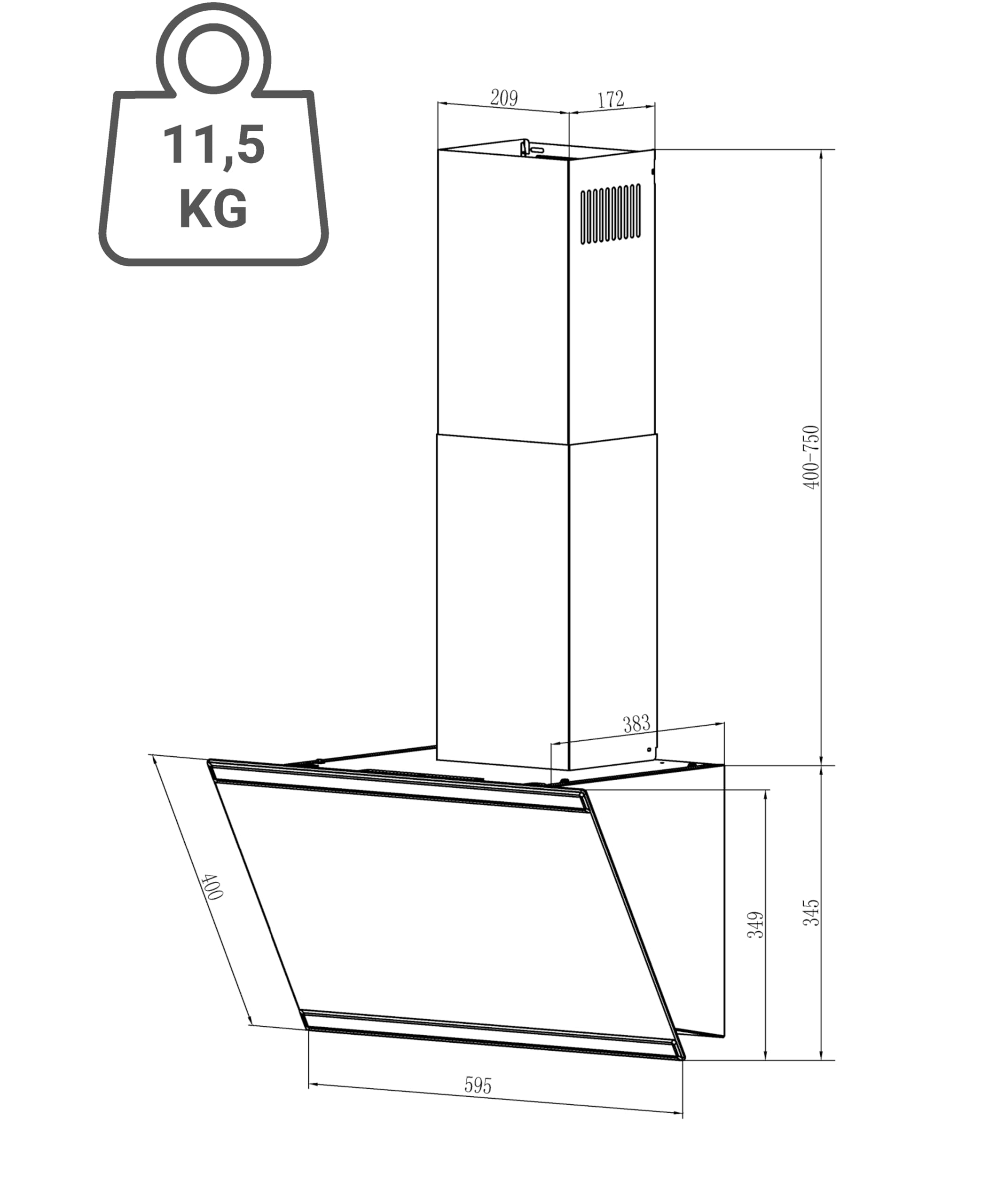 Respekta Skala Okap kuchenny skośny 60 cm, szkło, czarny, A+++