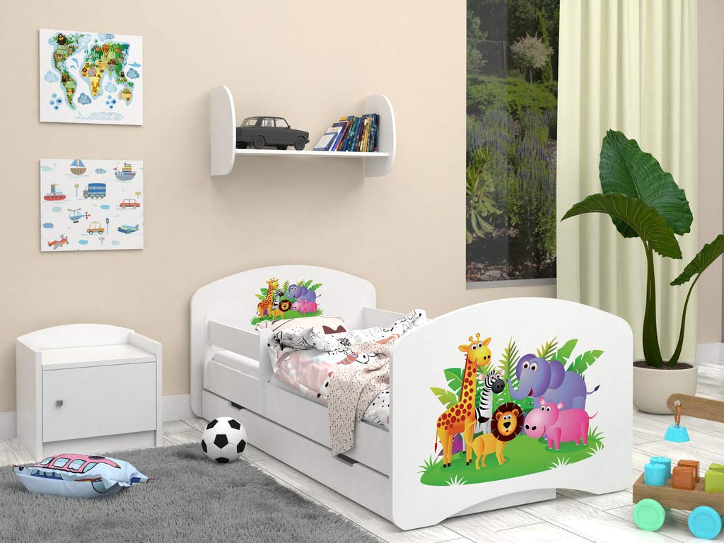 Happy Babies - Dwustronne łóżko dziecięce z szufladą Nowoczesne wzornictwo z bezpiecznymi krawędziami i zabezpieczeniem przed upadkiem materac piankowy 7 cm. (160x80, 53. szczęśliwe zoo)