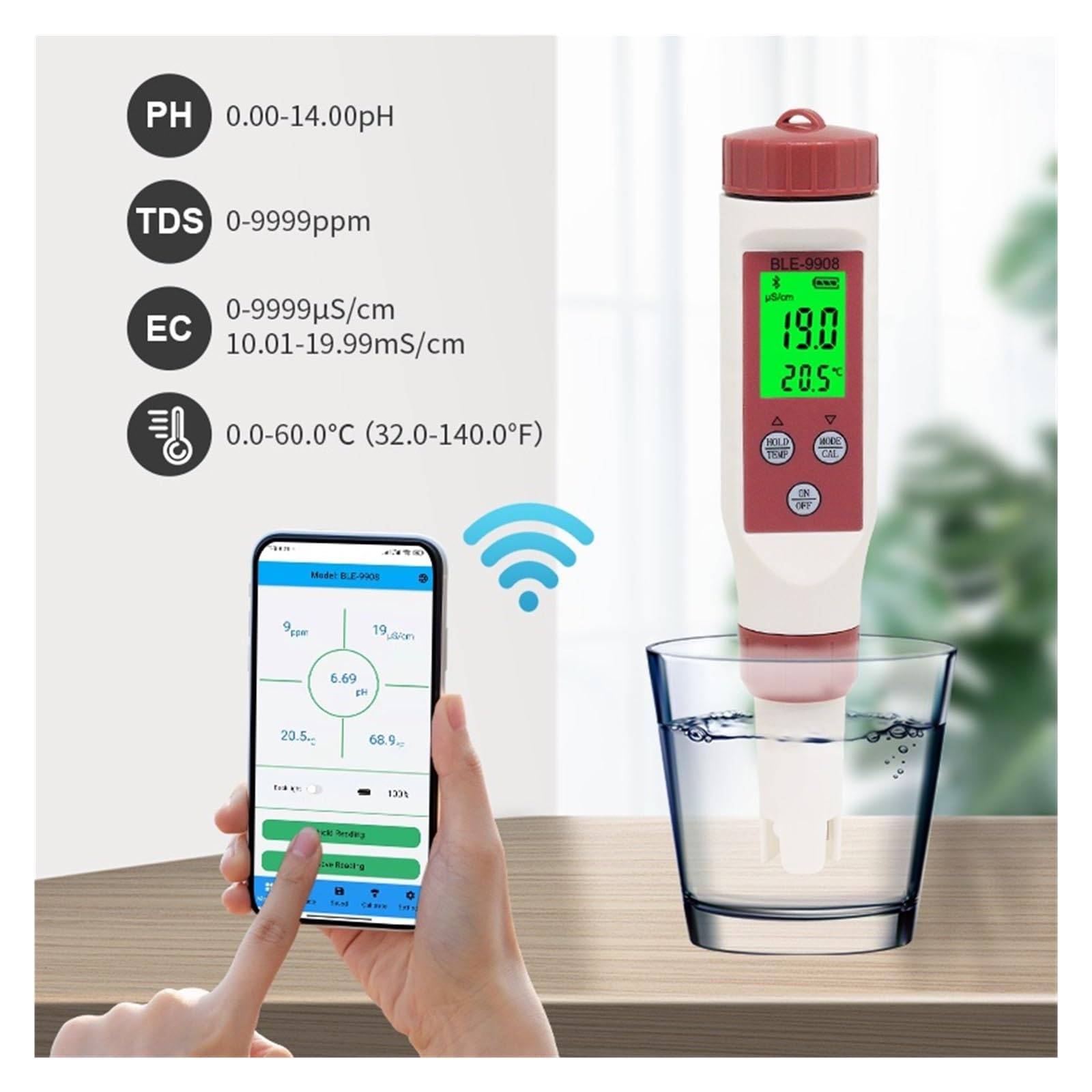 Medidor Agua 3/4/5/7 En 1 Medidor De PH Bluetooth TDS/EC/ORP/salinidad/SG/Herramienta Temperatura Monitor Calidad del Agua Digital Probador For Acuario Multiusos Preciso Fácil(BLE-9909)
