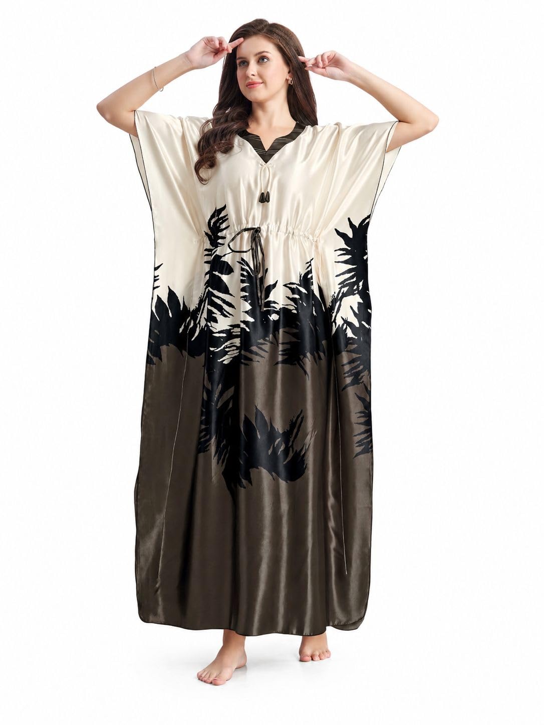 didi night wear Women's Satin Kaftan Nighty | Soft Silky Printed Long Night Dress with Drawstring Waist | Comfortable Sleepwear-picture-30