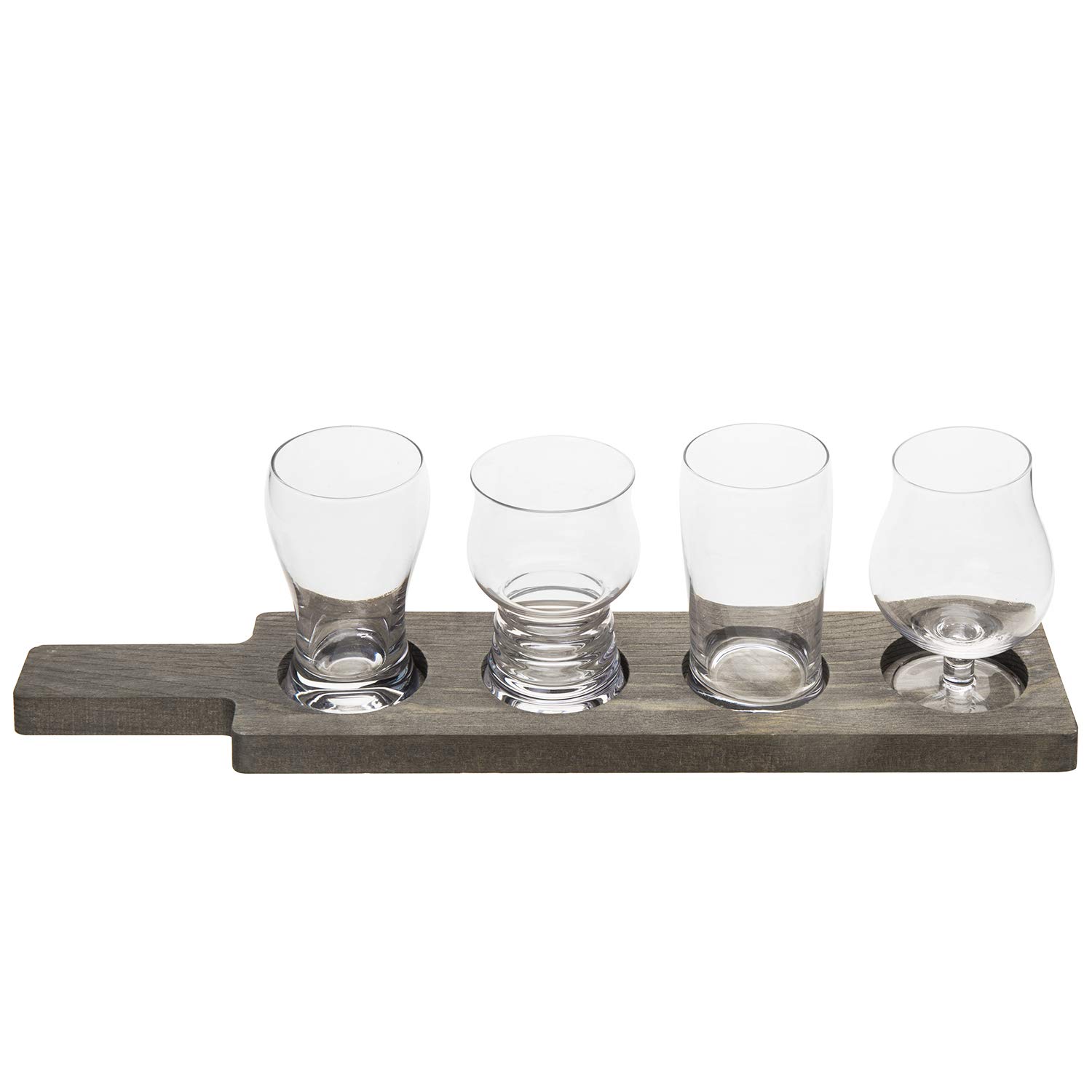 MyGift Rustic Gray Solid Wood Paddle Shaped Beer Flight Board with Beer Glasses, Pub Party Tasting Flight Set with 5 oz Craft Beer Sampler Glasses, 5 Piece Set