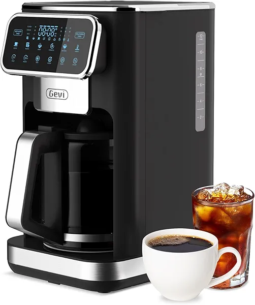 Gevi 12 Cup Programmable Drip Coffee Maker with Touch Screen, Fast and Strong Brew, Auto Shut-Off, 4-Hour Keep Warm Plate, Iced Coffee Option, Anti-Drip System, Permanent Filter Black