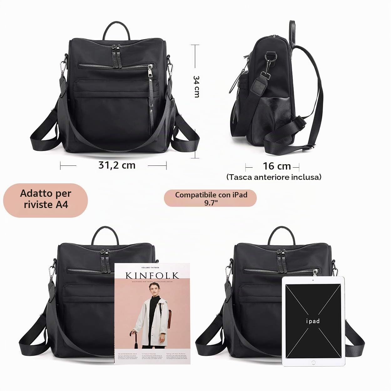ZOCILOR Zaino da Donna alla Moda Multifunzionale - Borsa Convertibile in PU, Design Versatile per Viaggio e Uso Quotidiano