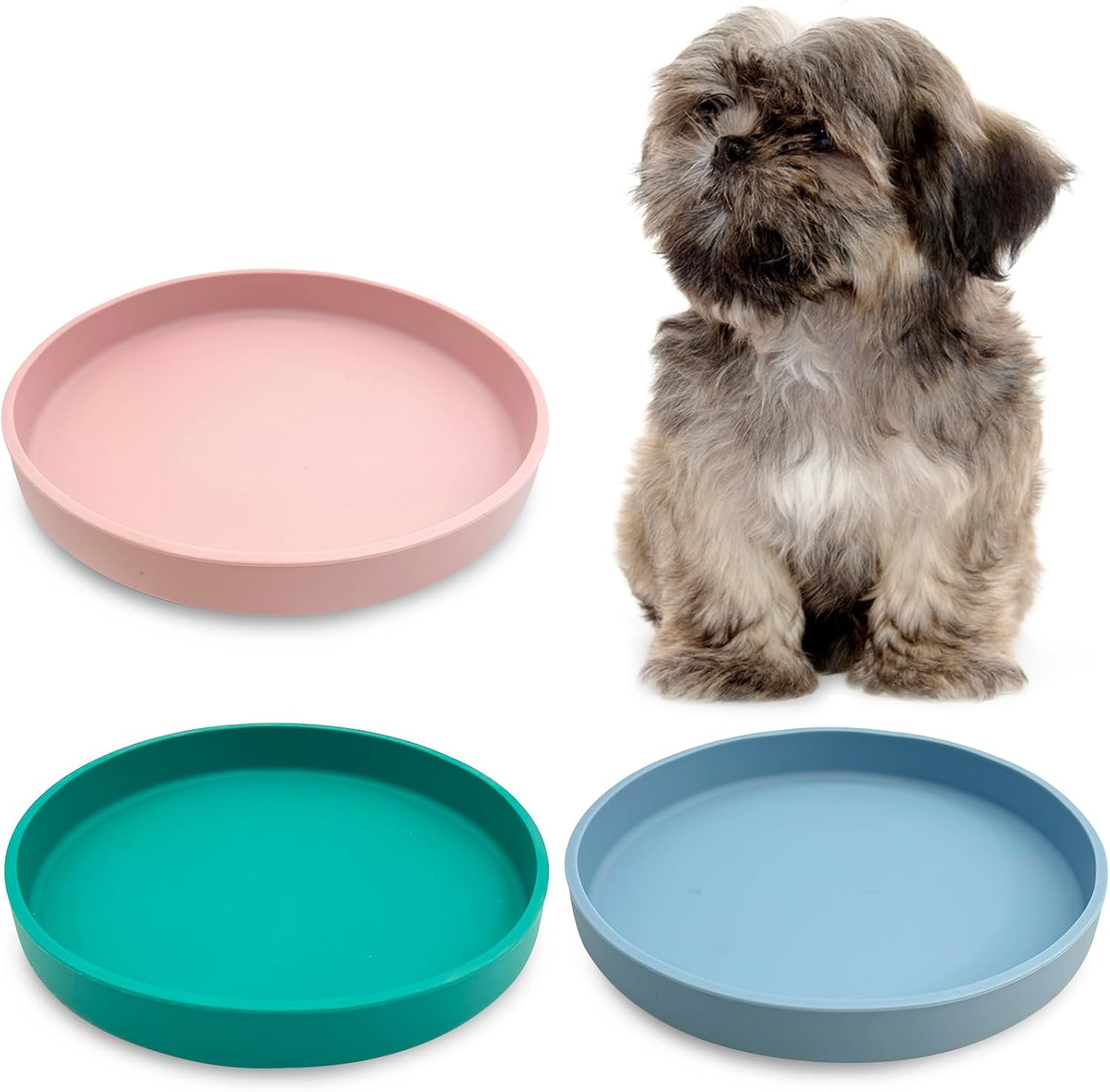 Silicone Dog Bowl Shallow Cat Food Bowls 7" Wide Puppy Plates Whisker Fatigue Pet Feeding Dishes Set of 3 for Dry and Wet Food Indoor (Blue + Pink + Green)