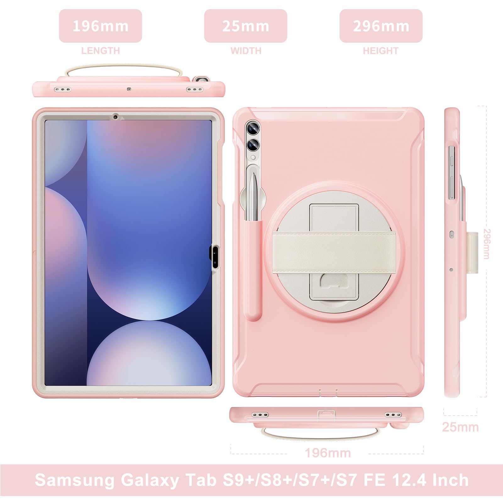 Junfire Schutzhülle für Samsung Galaxy Tab S9 Plus/S8 Plus/S7Plus/S7FE/S9 FE Plus, 12,4 Zoll Tablet Cover mit Kickstand, Handschlaufe, Stylus Halter, Rosa