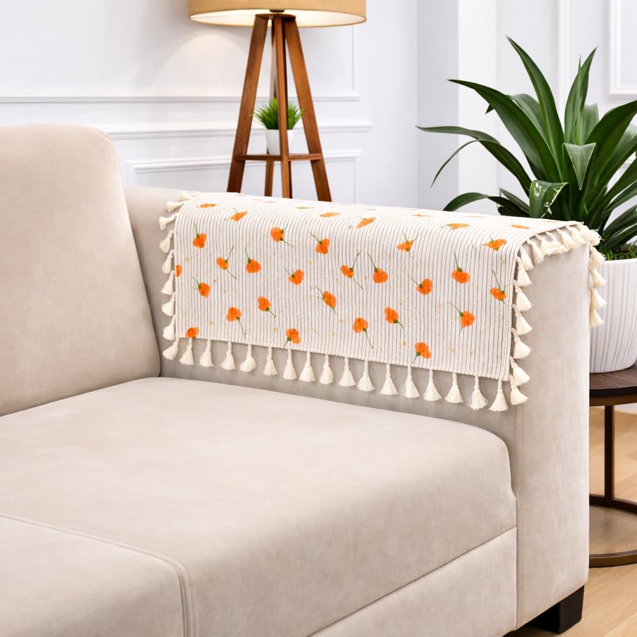 Image of STITCHNEST Printed Quilted Sofa Arm Cover with Tassels | Stylish Hand Rest Protector | Soft & Durable | 18 x 22 Inches