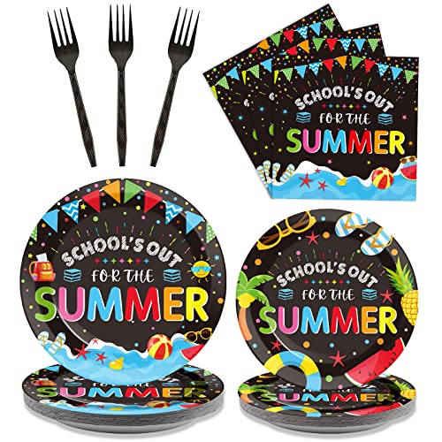 Image of 96 Pieces End of School Year Theme Tableware Set for Kids Class Summer Table Decorations Supplies School's Out Dessert Plates Napkins Forks for 24 Guests Tropical Beach Pool Disposable Party Favors