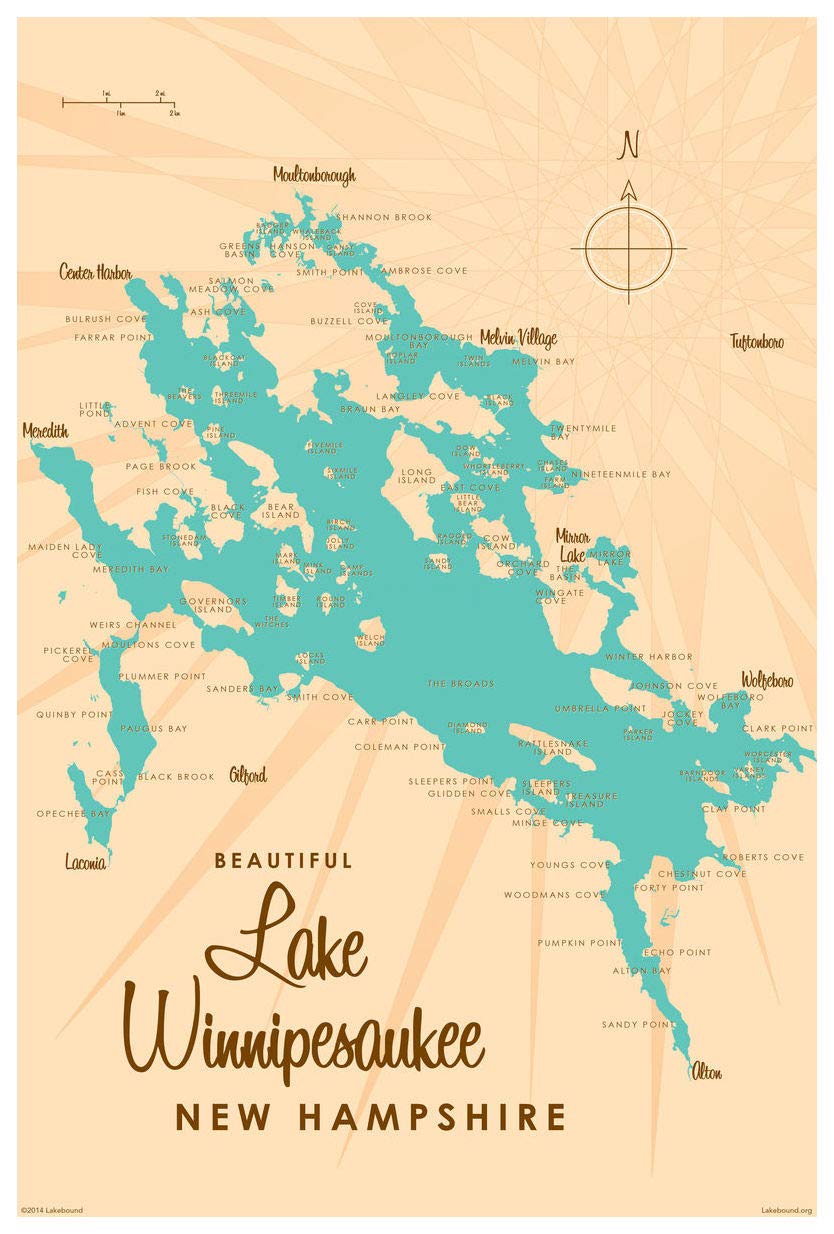 Lake Winnipesaukee New Hampshire Vintage-Style Map Art Print Poster by Lakebound. 12x18 inch LB-20142 B