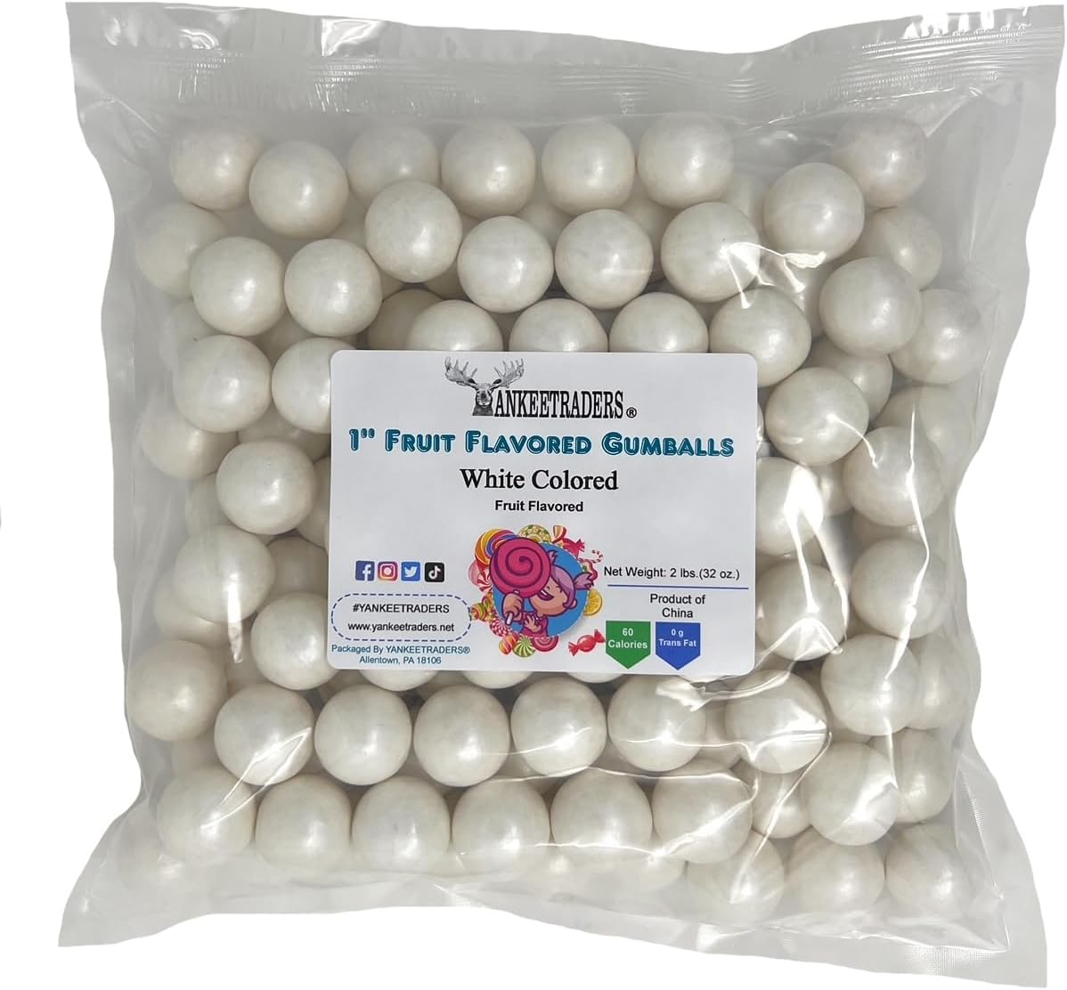 YANKEETRADERS White Fruit Flavored Gumballs 1", 2 Pounds Bulk