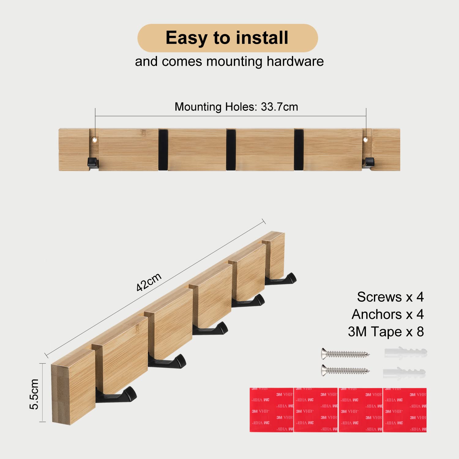 ANVODE Attaccapanni A Muro Con 5 Ganci Retrattili - Set Da 2 In Legno Naturale Per Risparmiare Spazio