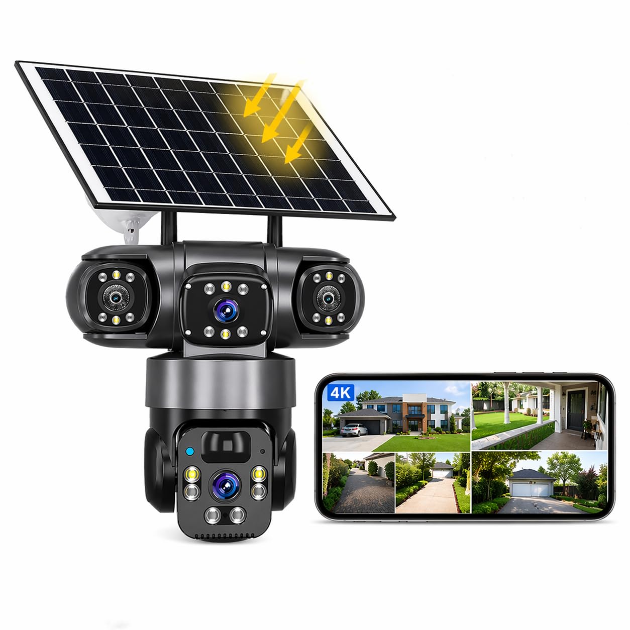 V380 PRO Sistema de cámara de seguridad solar inalámbrica 4K Tres lentes 360 ° PTZ 2.4G WiFi Color visión nocturna IP66 Alertas de movimiento resistente a la intemperie Cloud TF Almacenamiento Audio