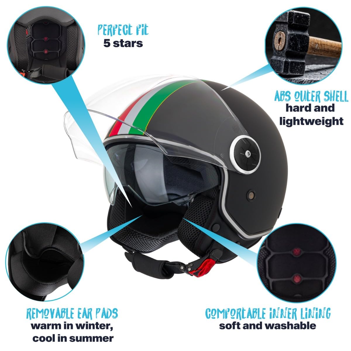 VINZ Neiva Jethelm mit Doppelvisier | Roller Helm mit Italienische Flagge & mit Sonnenblende | In Gr. XS-XXL | ECE 22.06 Zertifiziert | Motorradhelm mit Visier | Viele Farben Erhältlich