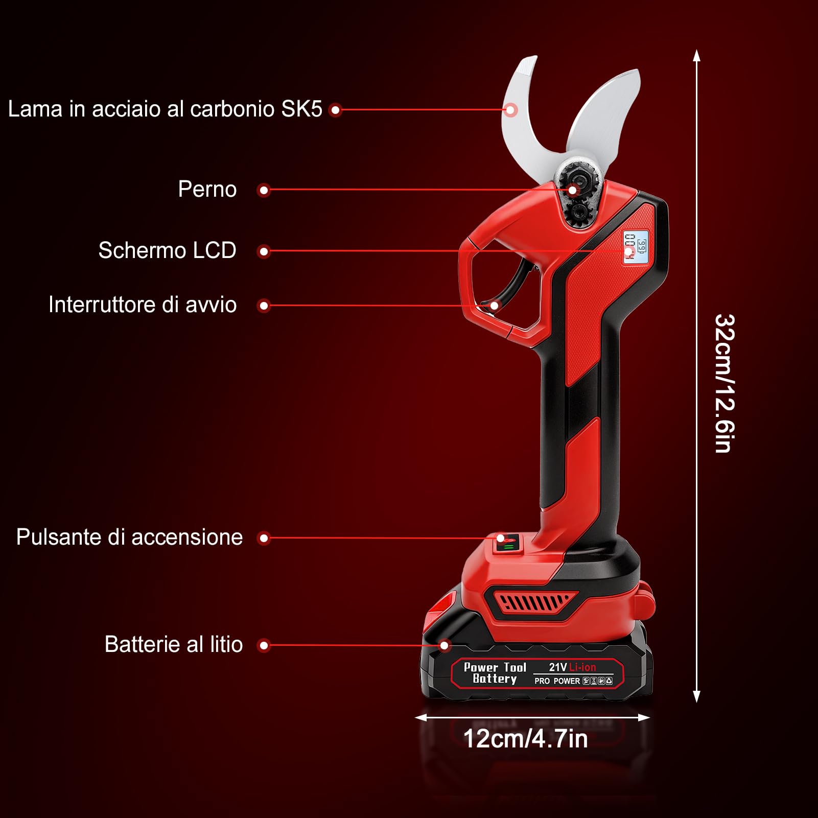 Cesoie elettriche senza fili 40 mm, cesoie professionali a batteria con 2 batterie ​ 1500 mAh e motore brushless ​ 600 W, forbici elettriche con display LCD, per alberi e alberi ​ frutto