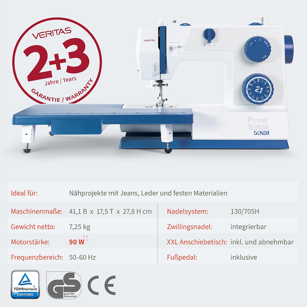 VERITAS Power Stitch Denim maszyna do szycia – stolik wysuwany XXL, pomoc w nawlekaniu, nożny, do 1000 ściegów/min, regulowany nacisk stopki, wolne ramię – do dżinsów, skóry i delikatnych