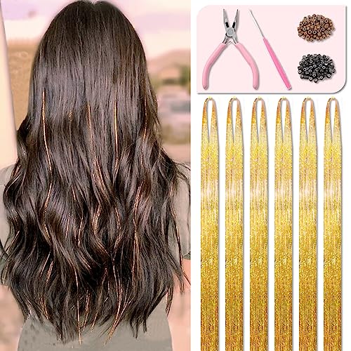 Champagne Gold Hair Tinsel Kit 48 Inches 1200 Strands with Tools and Instruction Easy to Install Fairy Glitter Tinsel Hair Extensions for Women and Girls，Shinny Sparkling Braiding Hair Accessories for Halloween Cosplay Party
