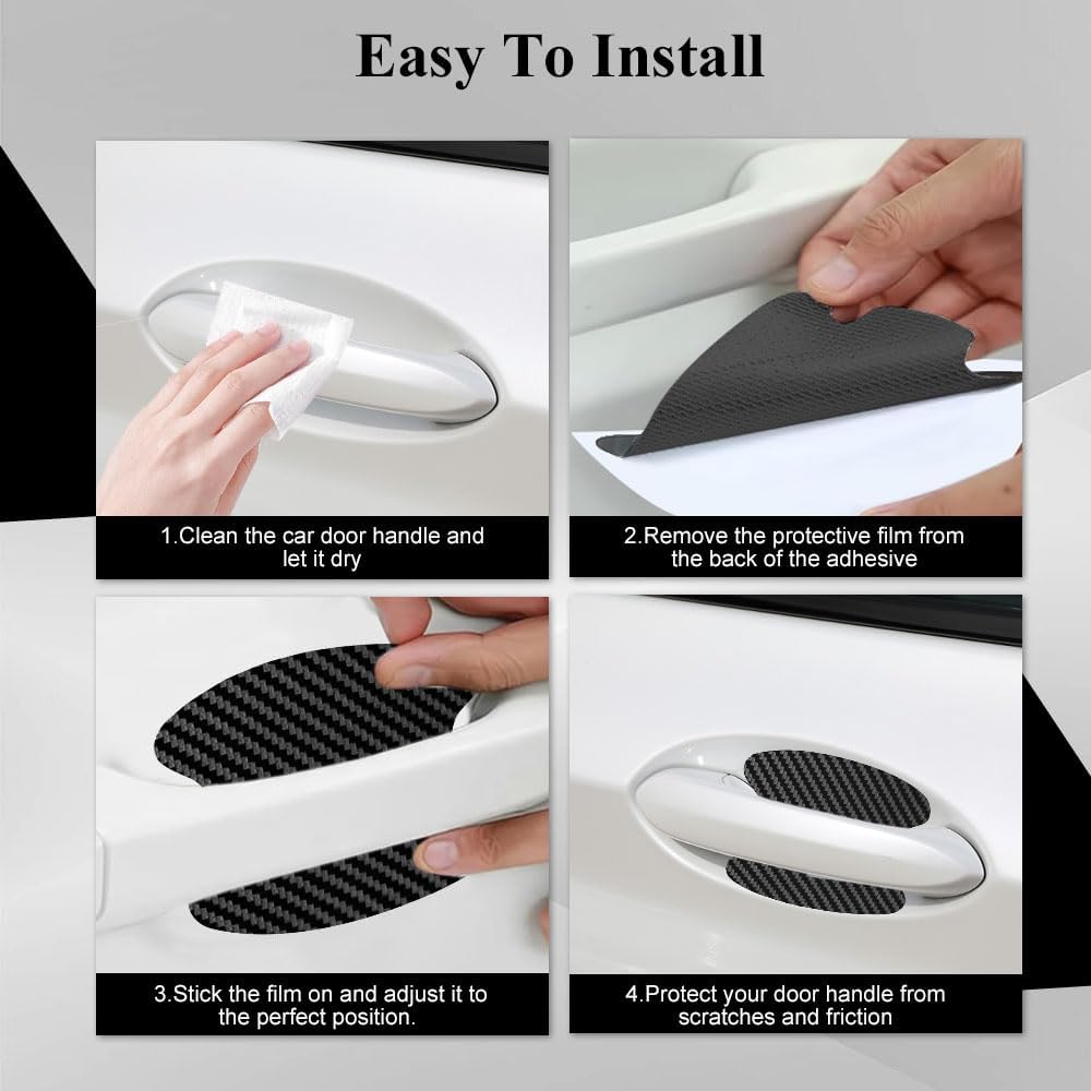 4PCS Car Door Handle Cup Scratch Protector, Carbon Fiber Self-Adhesive, Black, 9*10cm, Universal, Pull Handle, Sticker Attachment image 5