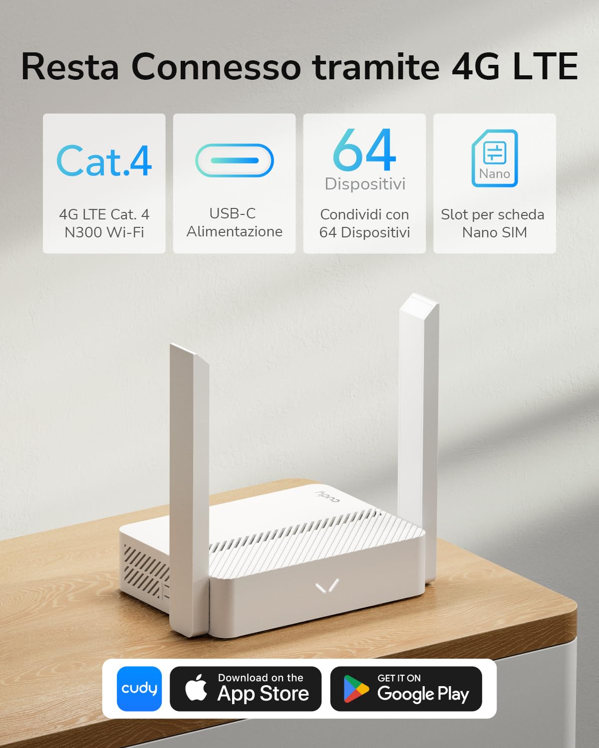 Cudy LT300 Router 4G LTE Con Sim, 300Mbps, Porta LAN/WAN, Senza configurazione, 2 Antenne Ad Alto Guadagno, FDD e TDD, VPN, DDNS, Plug and Play della scheda SIM, per Tutti Gli Operatori