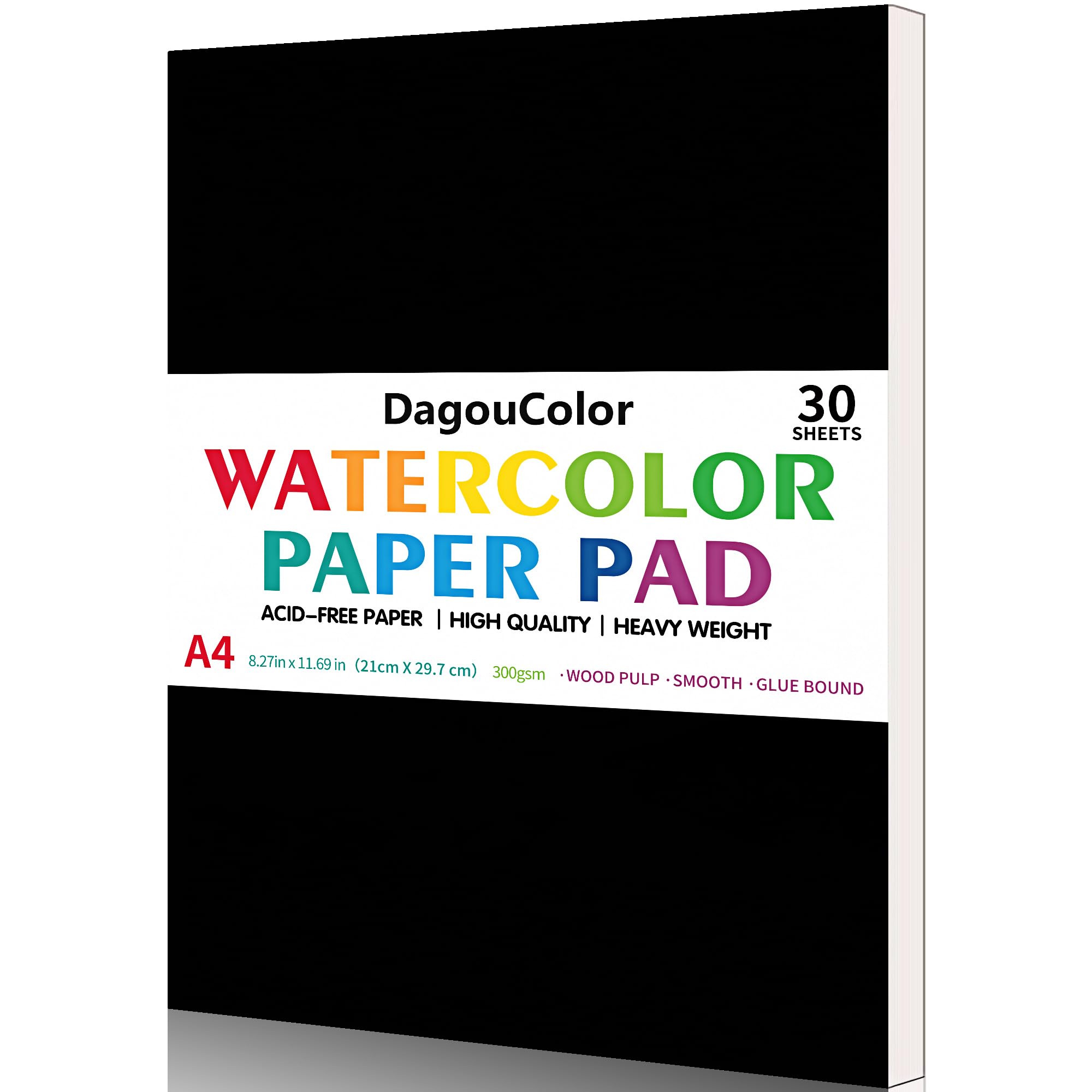 DagouColor Watercolor Paper Pad, 30 Sheets, 140lb/300gsm Cold-Pressed Paper, Artist Book for Adults Beginners, Painting, Drawing, Mixed Media - Black, A4, 1 Pack