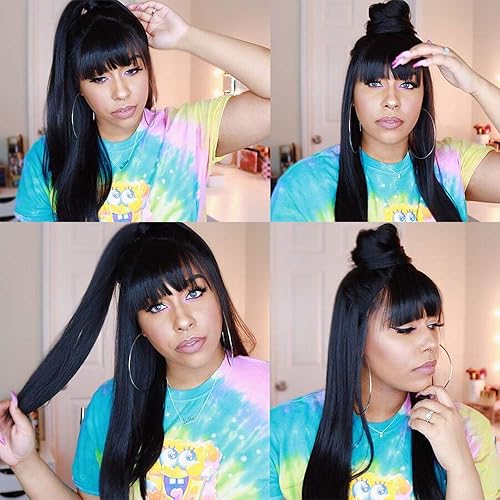 Miniatura 2 de Liwihas - Pelucas de cabello humano liso y sedoso brasileño virgen con flequillo 130 de densidad sin encaje delantero Pelucas sin pegamento hechas a