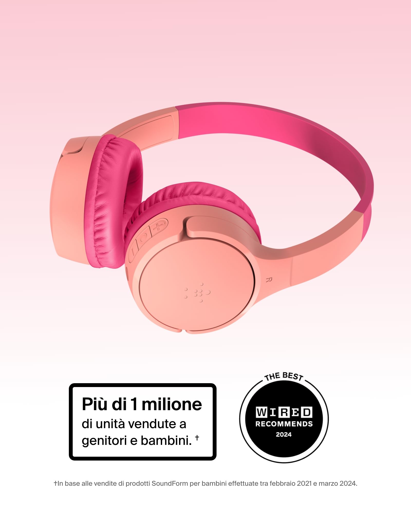 Belkin SoundForm Mini Cuffie wireless per bambini con microfono, 30 ore di riproduzione, adesivi divertenti, headset over-ear per didattica online, scuola e viaggi, per iPhone, iPad e Galaxy, rosa