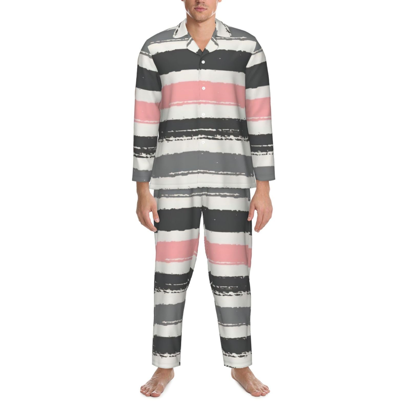 Rosa chiaro e grigio scuro strisce stampa uomo manica lunga pigiama set pigiameria due pezzi casa viaggio vestito pantaloni lounge
