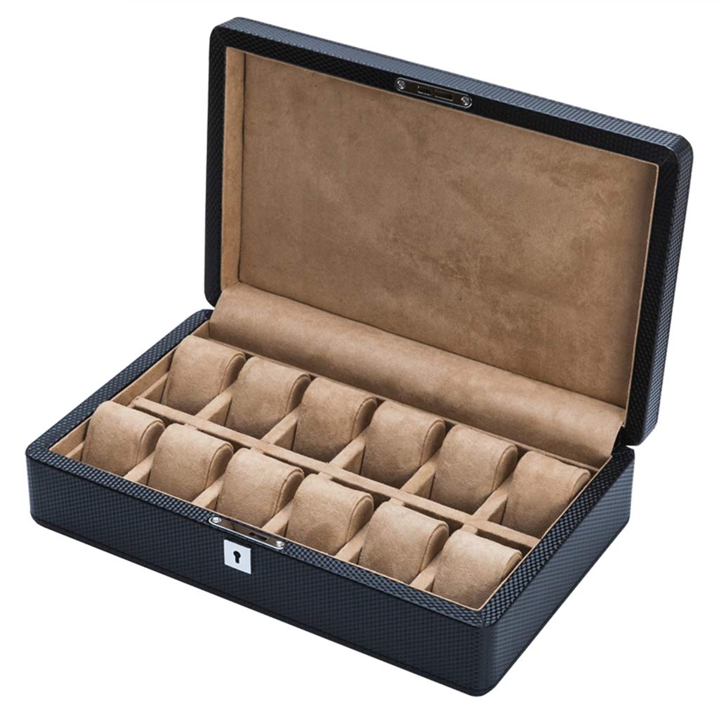 HVMBEUGOS Watch Box for Mens Storage Luxury Jewelry Watch Display Organizer Carbon Fiber Case 12 Watch Bracelet Tray,Black